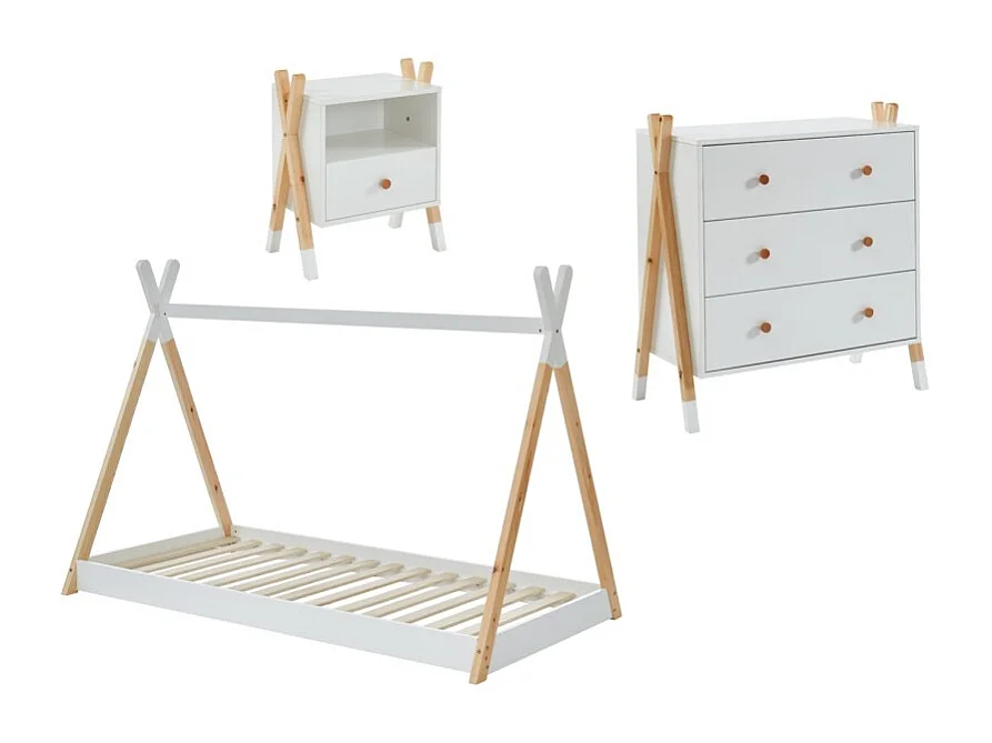 Ensemble chambre enfant TIPI blanc et pin massif lit chevet et commode