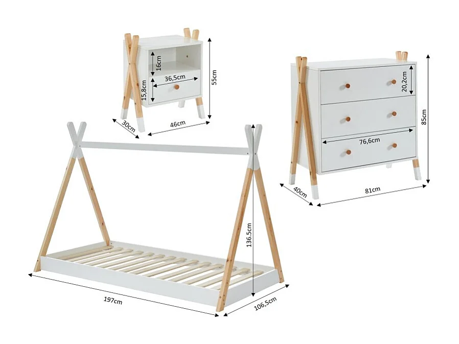 Ensemble chambre enfant TIPI blanc et pin massif lit chevet et commode