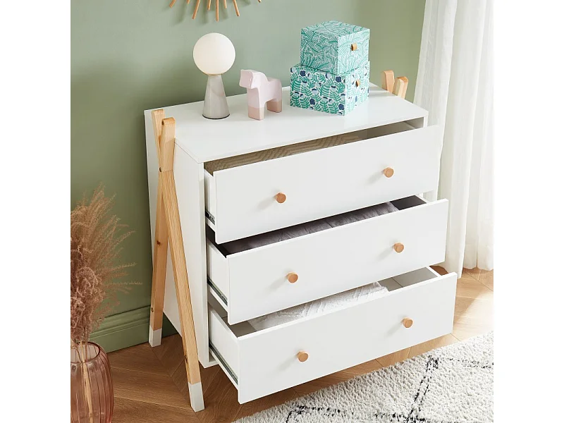 Ensemble chambre enfant TIPI blanc et pin massif lit chevet et commode