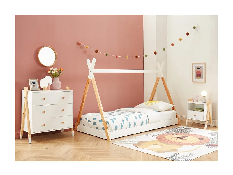 Ensemble chambre enfant TIPI blanc et pin massif lit chevet et commode