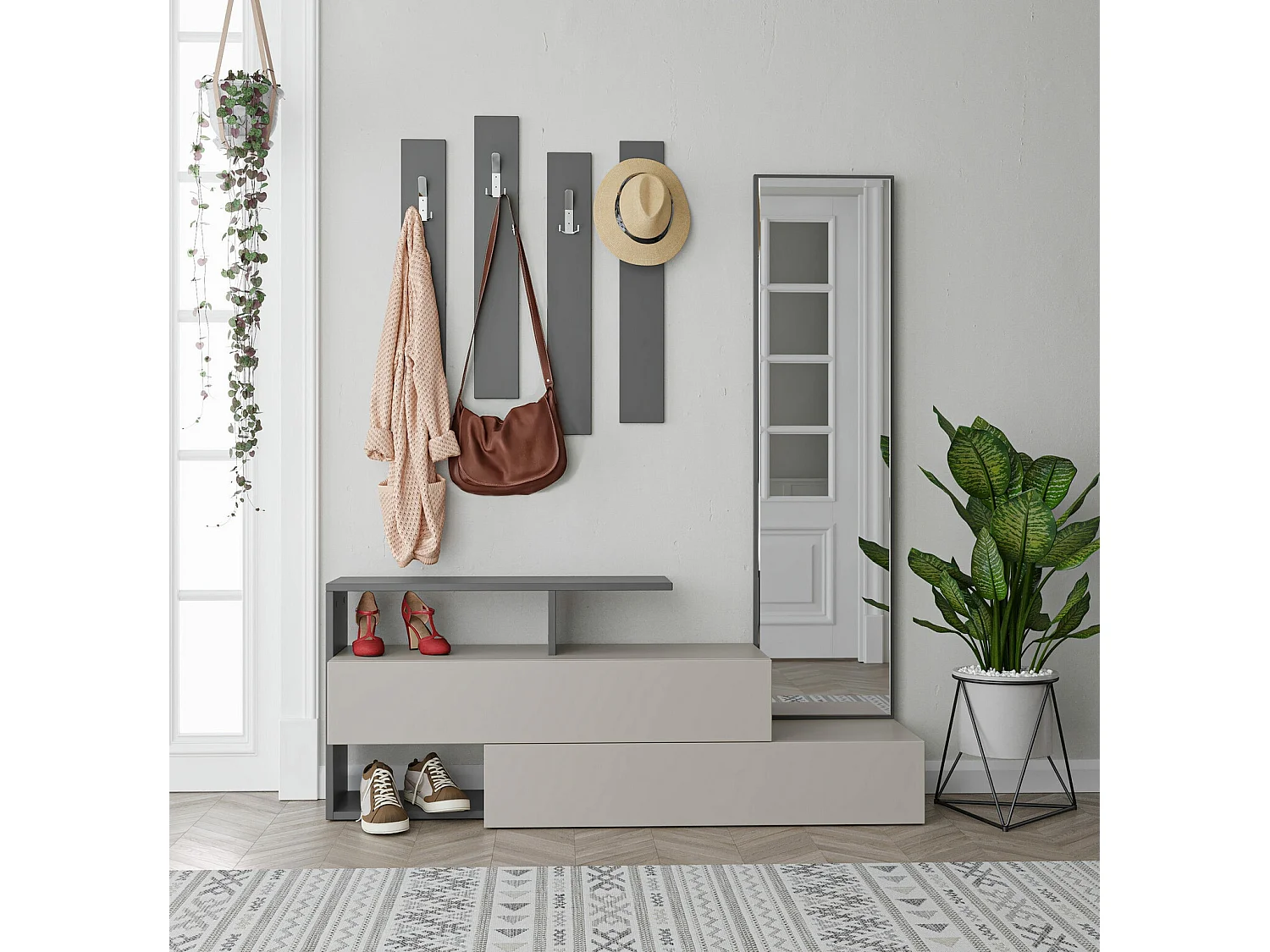Flur-Sideboard mit Spiegel und Garderobe – 137 x 54,5 x 35 cm – Hellmokka und Anthrazit – 100 % melaminbeschichtetes MDF