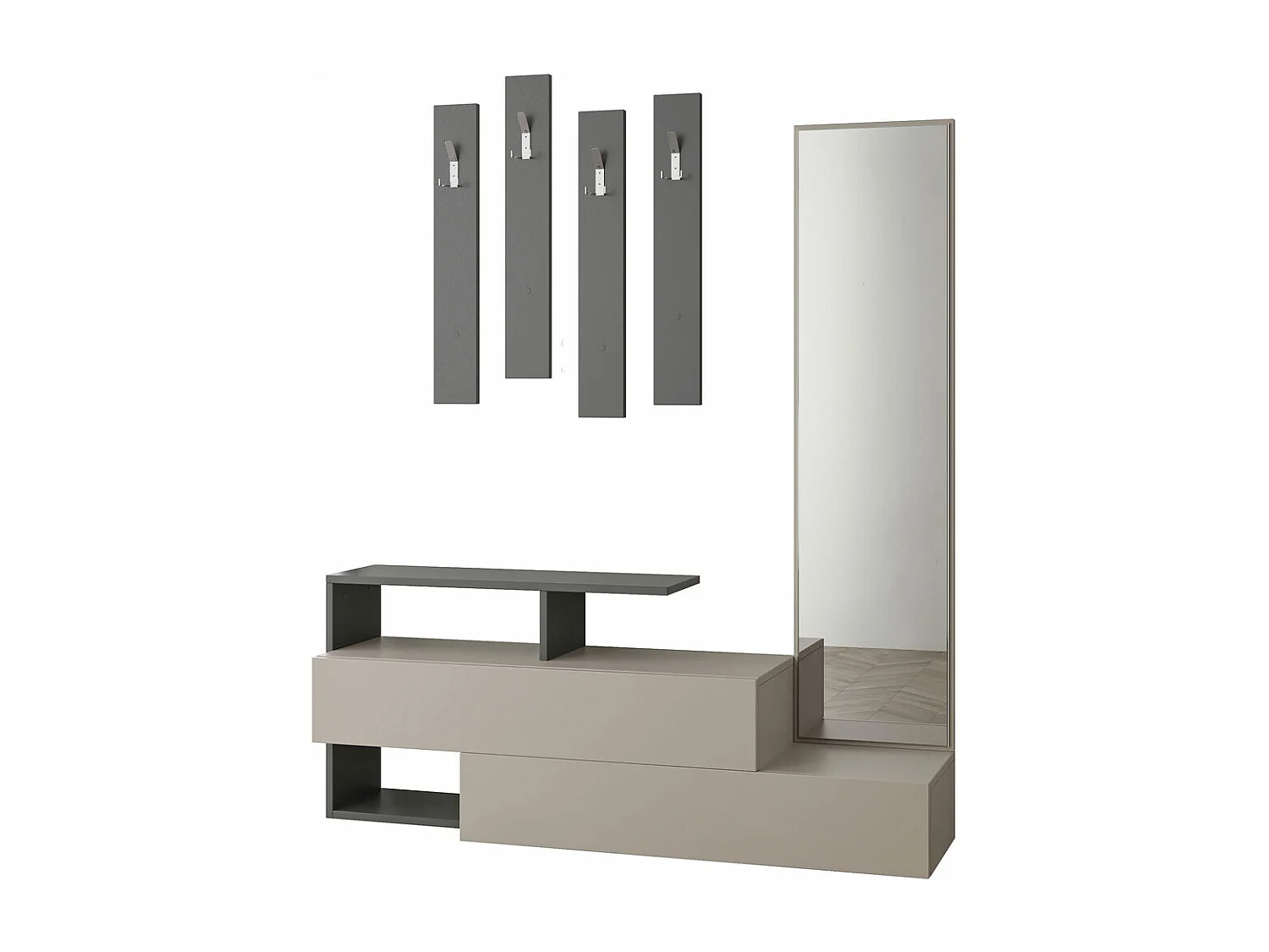 Flur-Sideboard mit Spiegel und Garderobe – 137 x 54,5 x 35 cm – Hellmokka und Anthrazit – 100 % melaminbeschichtetes MDF