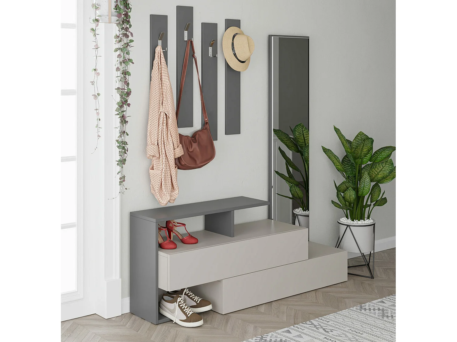 Flur-Sideboard mit Spiegel und Garderobe – 137 x 54,5 x 35 cm – Hellmokka und Anthrazit – 100 % melaminbeschichtetes MDF