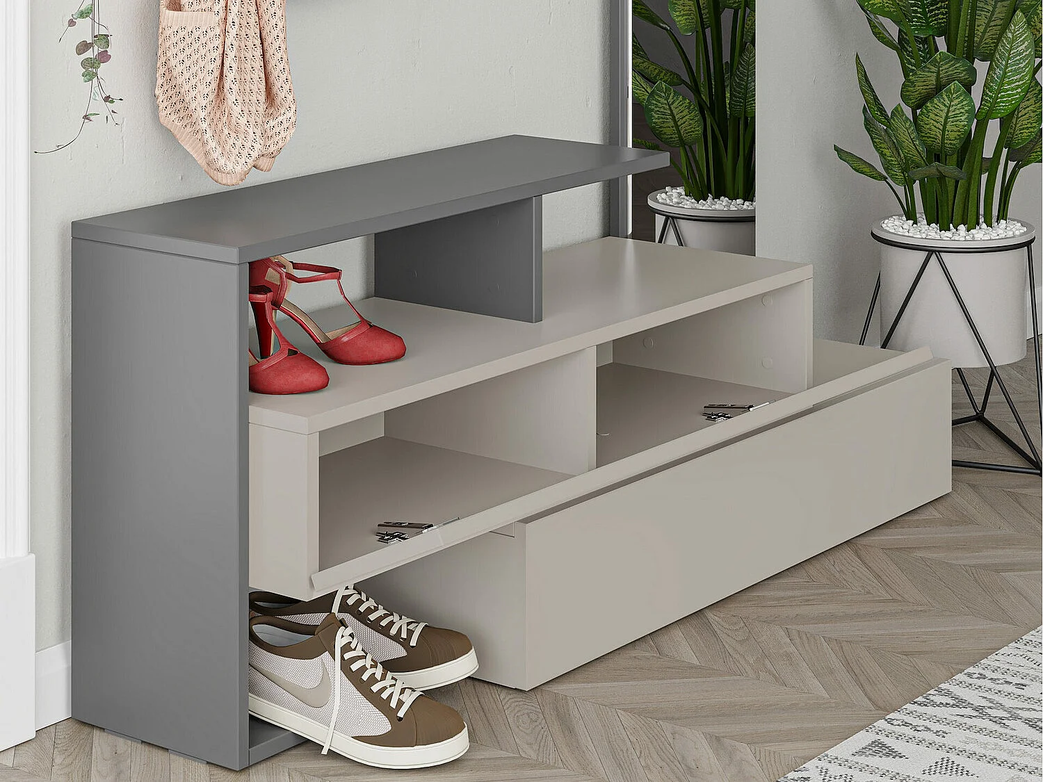 Flur-Sideboard mit Spiegel und Garderobe – 137 x 54,5 x 35 cm – Hellmokka und Anthrazit – 100 % melaminbeschichtetes MDF