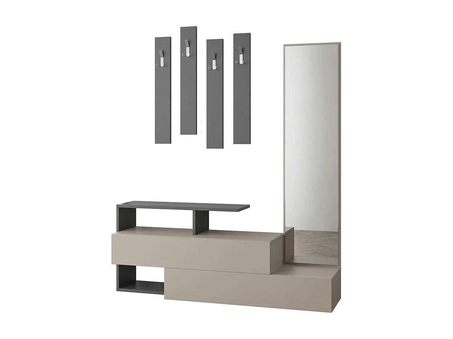 Flur-Sideboard mit Spiegel und Garderobe – 137 x 54,5 x 35 cm – Hellmokka und Anthrazit – 100 % melaminbeschichtetes MDF