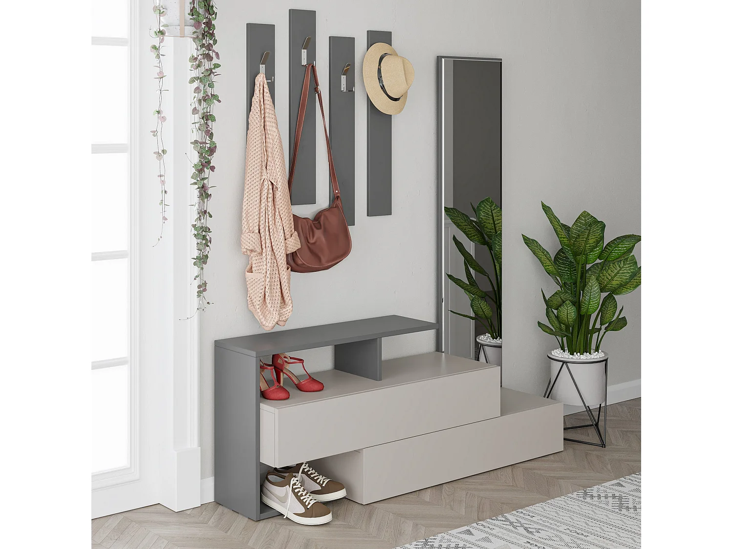 Flur-Sideboard mit Spiegel und Garderobe – 137 x 54,5 x 35 cm – Hellmokka und Anthrazit – 100 % melaminbeschichtetes MDF