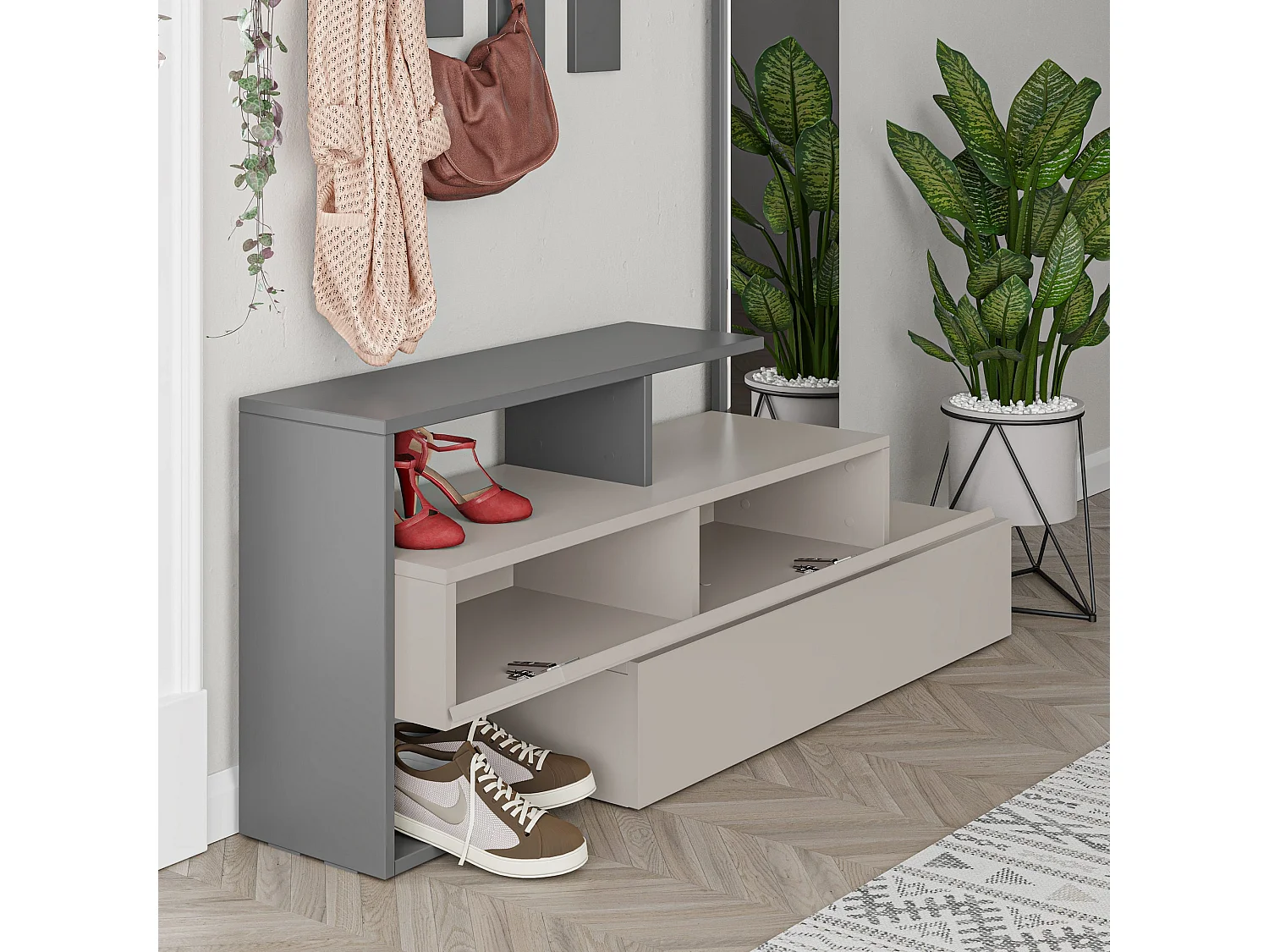 Flur-Sideboard mit Spiegel und Garderobe – 137 x 54,5 x 35 cm – Hellmokka und Anthrazit – 100 % melaminbeschichtetes MDF