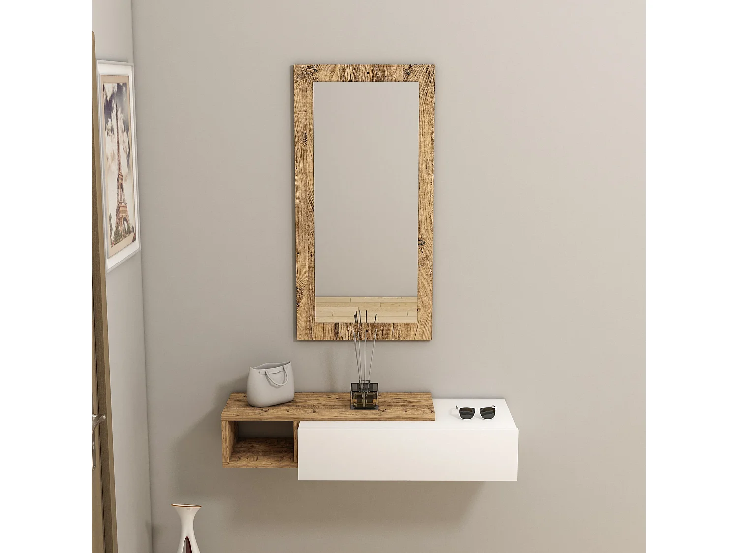 Console avec miroir en bois "Vien " - 82 x 29 x 15 cm - Blanc