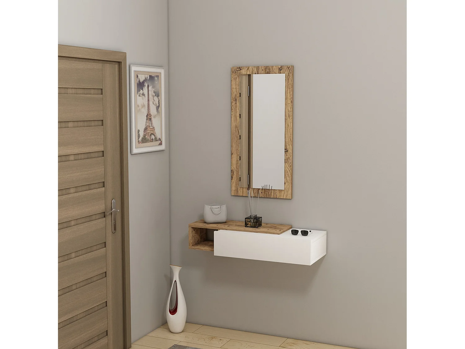 Console avec miroir en bois "Vien " - 82 x 29 x 15 cm - Blanc