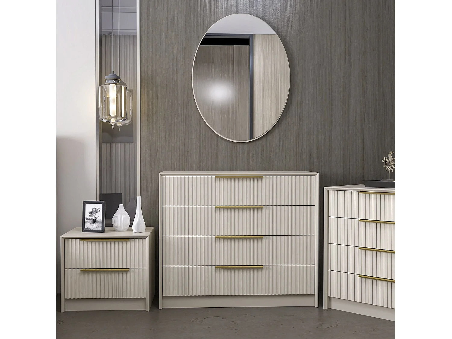 Beige Holzkommode "Kale" mit 4 Schubladen und Spiegel 85x100x45 cm modernes und funktionales Design