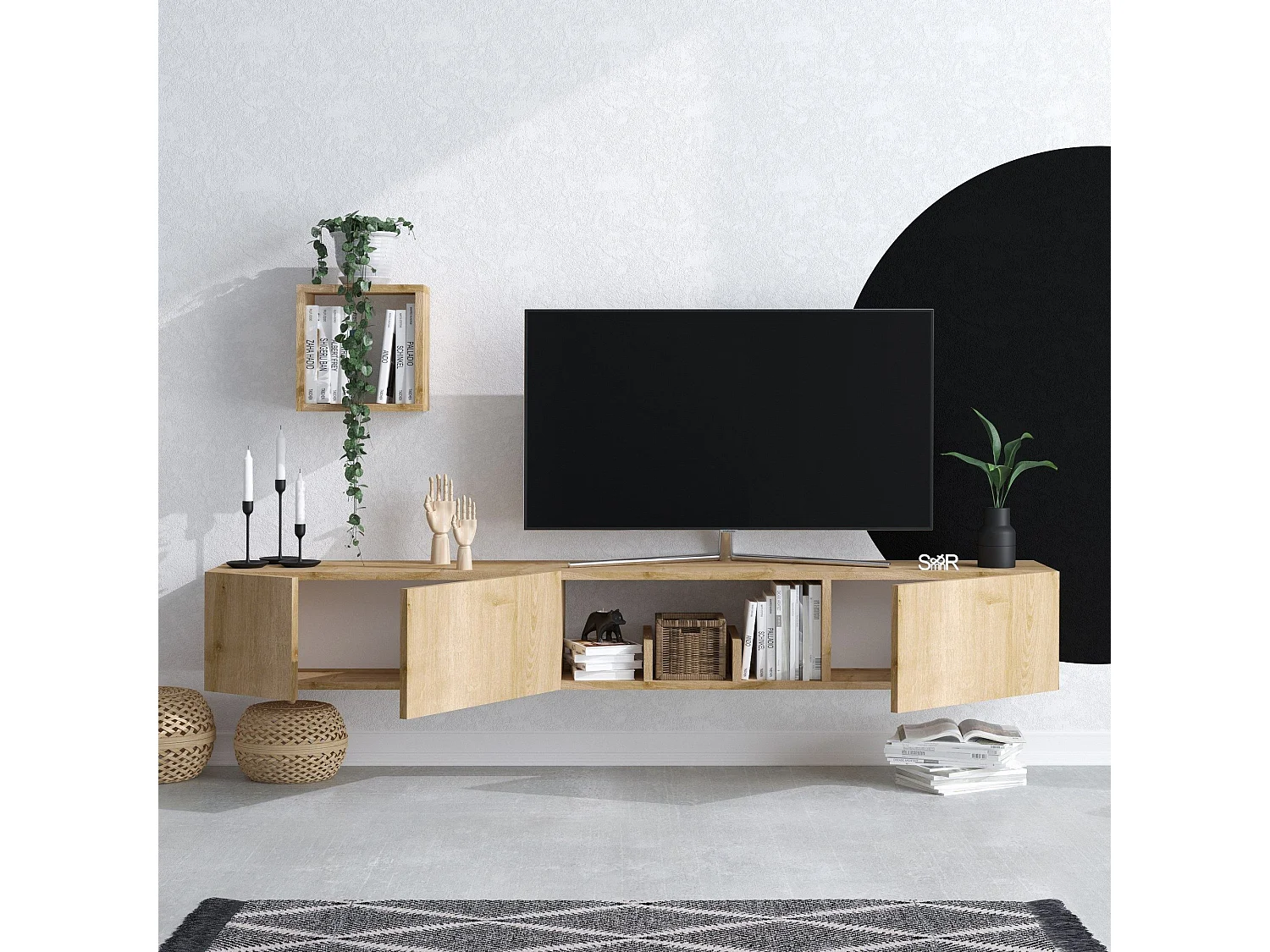 Stojak pod telewizor z drewna "Avior" z półką ścienną - Beżowy, 180 x 32 x 25 cm, 4 półki, 3 drzwi