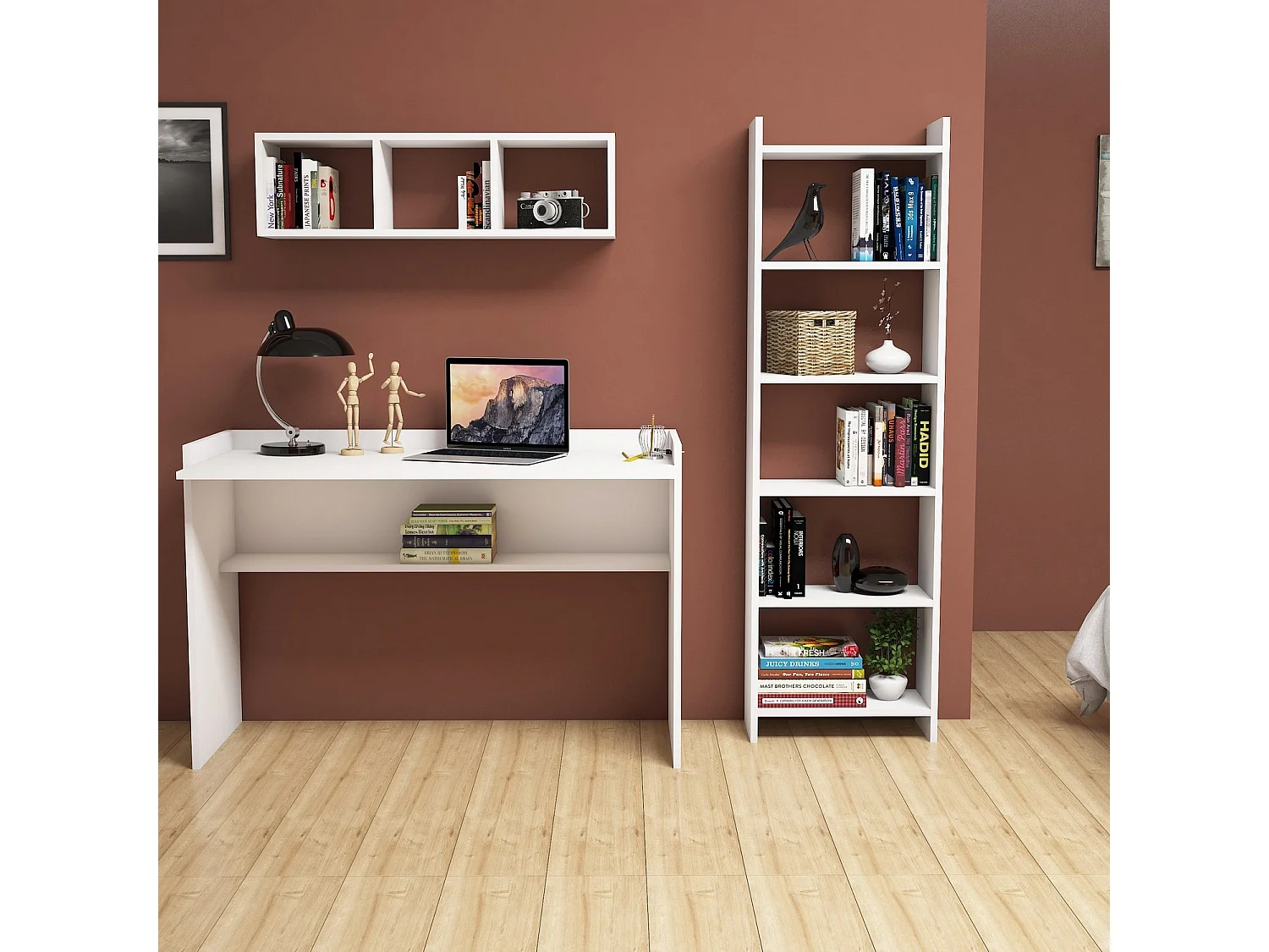 Bureau d'étude avec bibliothèque et étagère murale en bois "Hera" - 118 x 58 x 80 cm - Blanc