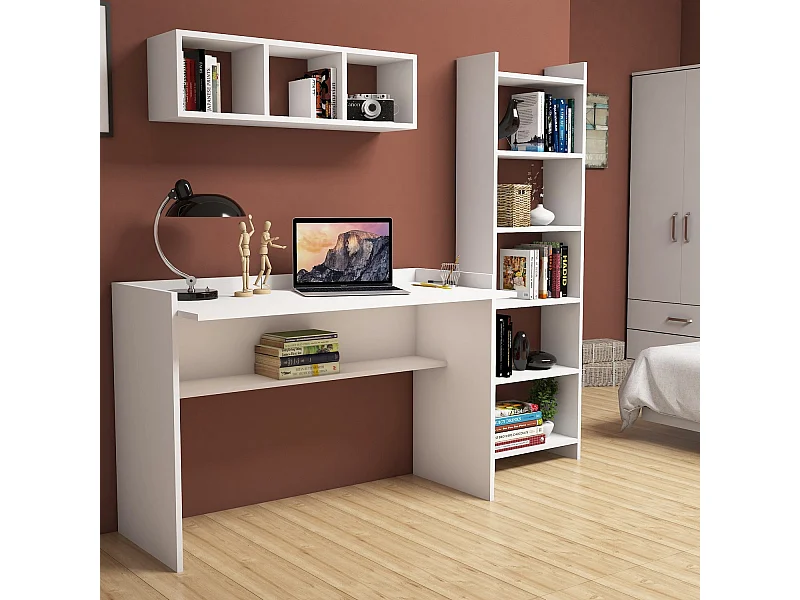 Bureau d'étude avec bibliothèque et étagère murale en bois "Hera" - 118 x 58 x 80 cm - Blanc