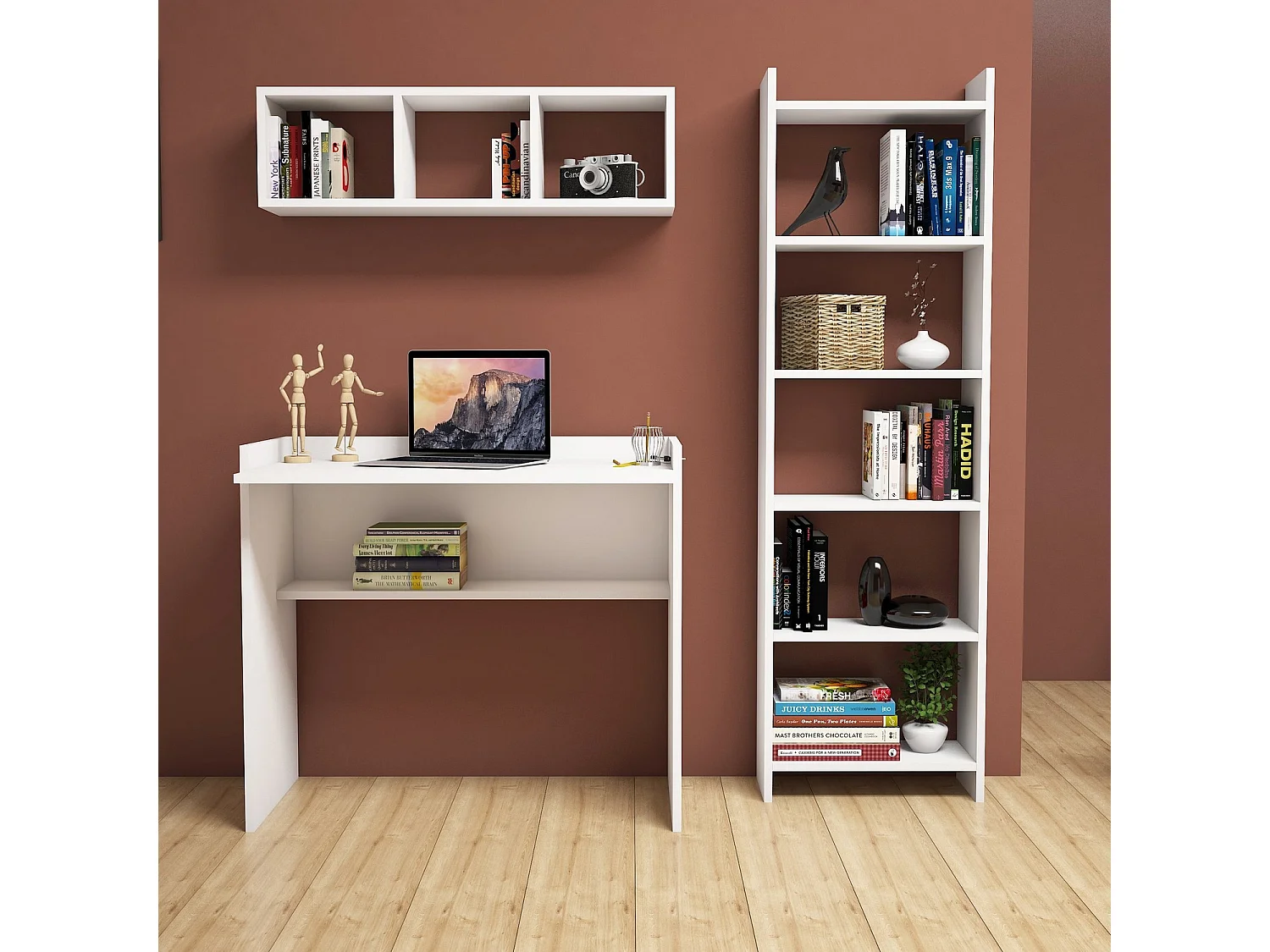 Bureau d'étude avec bibliothèque et étagère murale en bois "Matilda" - 90 x 58 x 80 cm - Blanc