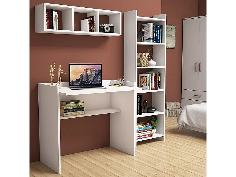 Bureau d'étude avec bibliothèque et étagère murale en bois "Matilda" - 90 x 58 x 80 cm - Blanc