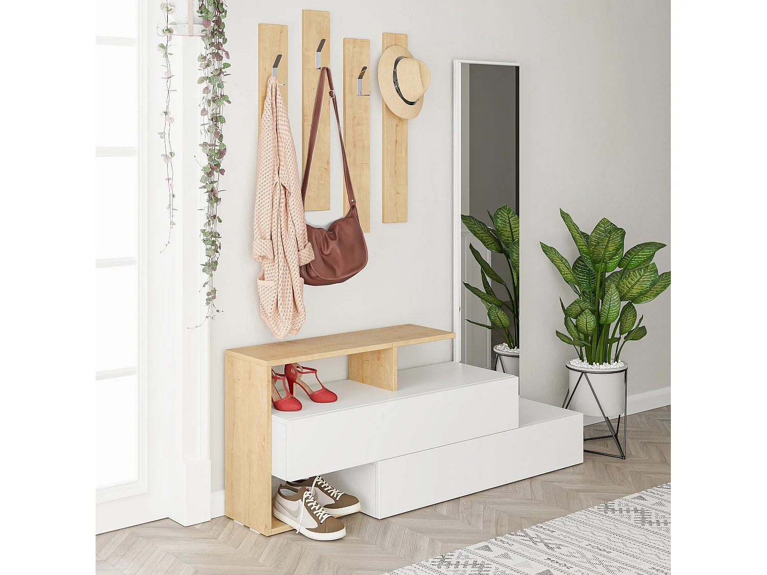 Meuble d'entrée avec miroir en bois "Ramda" - 137 x 35 x 154 cm - Beige