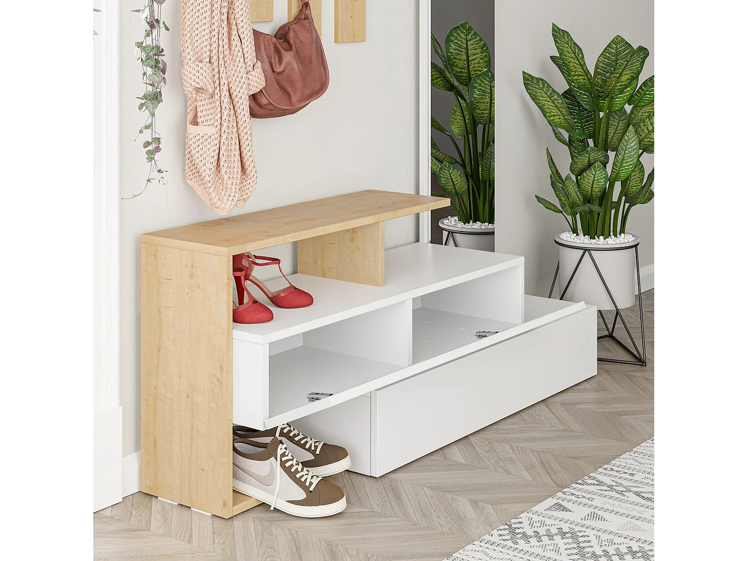 Meuble d'entrée avec miroir en bois "Ramda" - 137 x 35 x 154 cm - Beige