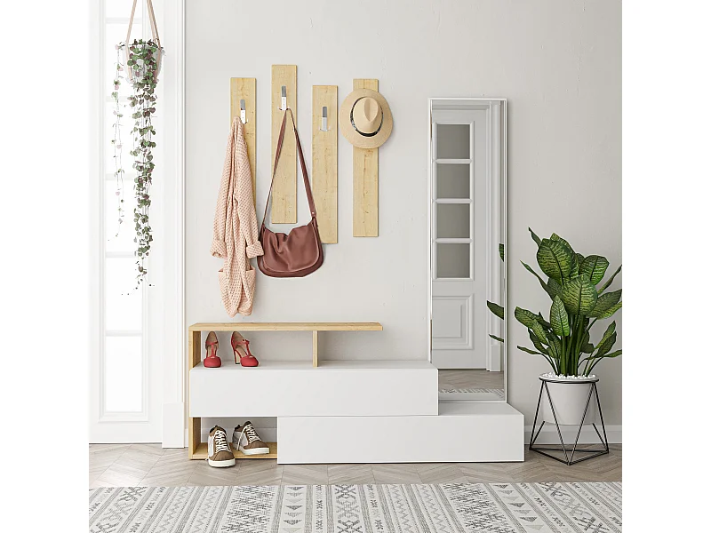 Meuble d'entrée avec miroir en bois "Ramda" - 137 x 35 x 154 cm - Beige