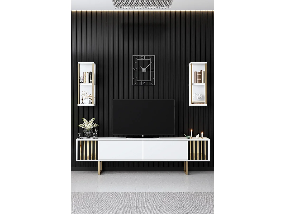 Meuble TV en bois "Gold Line" - 180 x 30 x 48 cm - BlancNoir