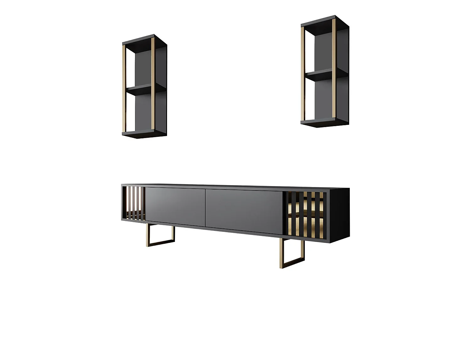 Trä-tv-stativ "Gold Line" - Antracitgrå - 180 x 30 x 48 cm - 4 hyllor, 2 dörrar