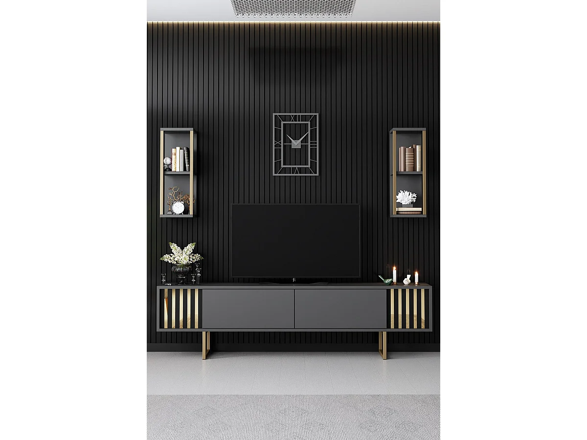 Trä-tv-stativ "Gold Line" - Antracitgrå - 180 x 30 x 48 cm - 4 hyllor, 2 dörrar
