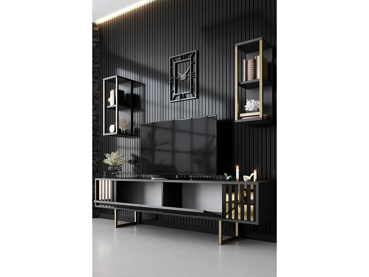 Trä-tv-stativ "Gold Line" - Antracitgrå - 180 x 30 x 48 cm - 4 hyllor, 2 dörrar