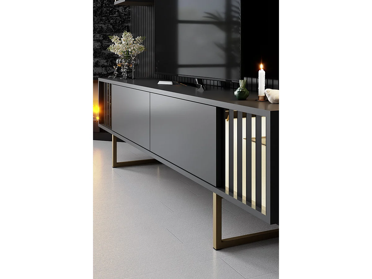 Trä-tv-stativ "Gold Line" - Antracitgrå - 180 x 30 x 48 cm - 4 hyllor, 2 dörrar