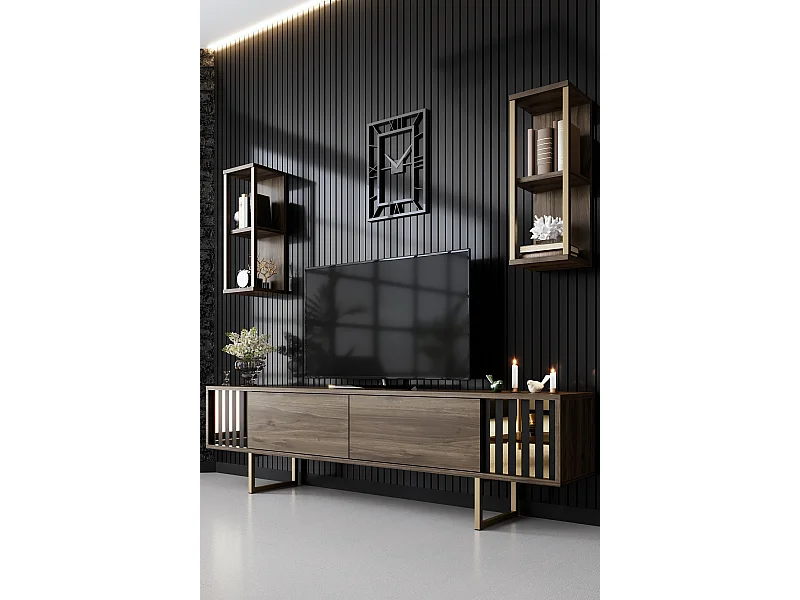 Meuble TV en bois "Gold Line" - 180 x 30 x 48 cm - NoyerNoir