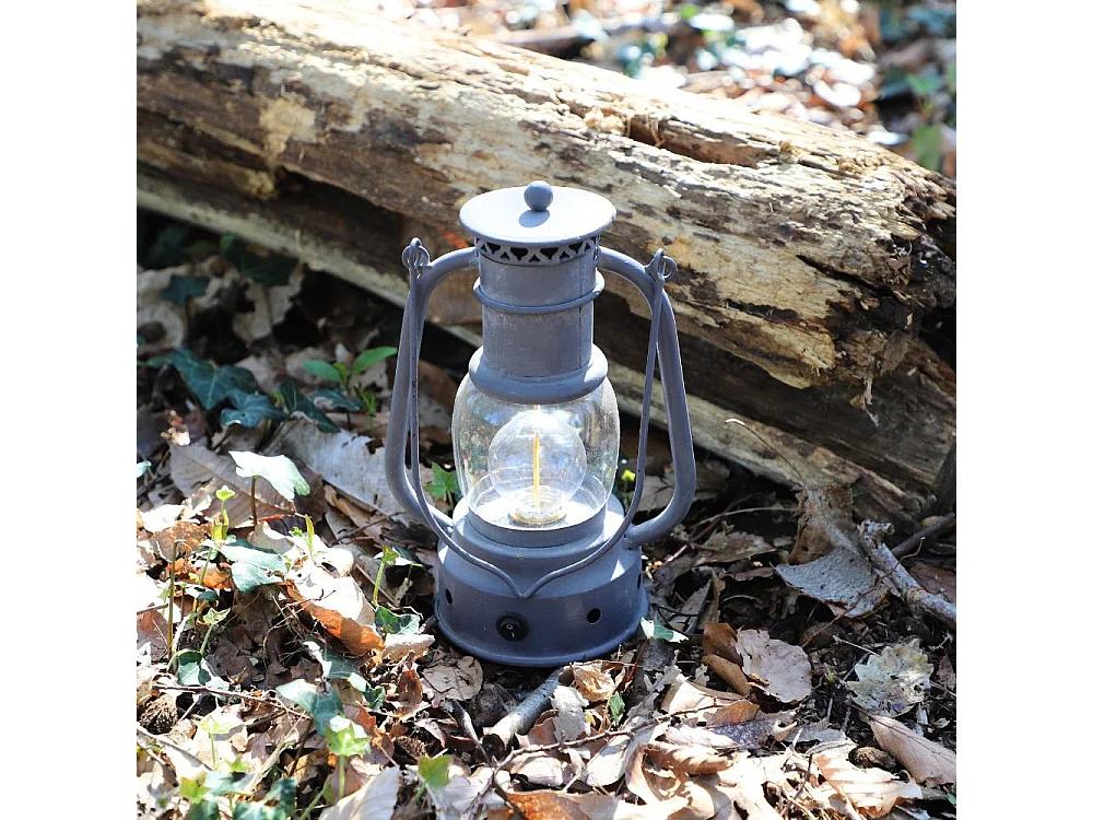 Lanterne pétrole jardin à poser à piles ancienne métal gris 22cm