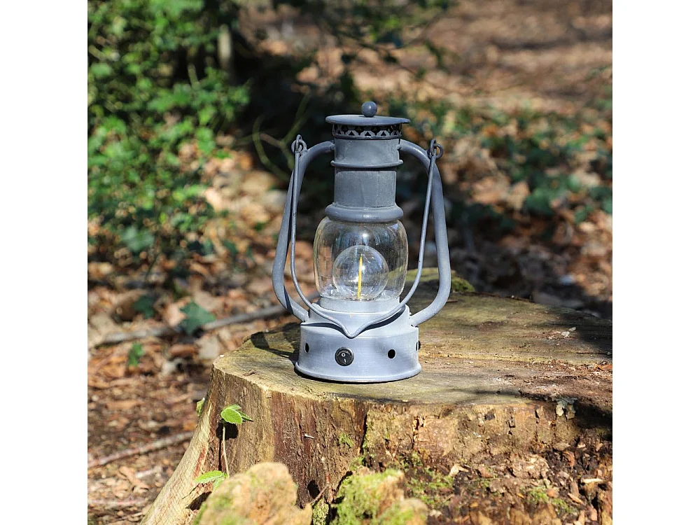 Lanterne pétrole jardin à poser à piles ancienne métal gris 22cm