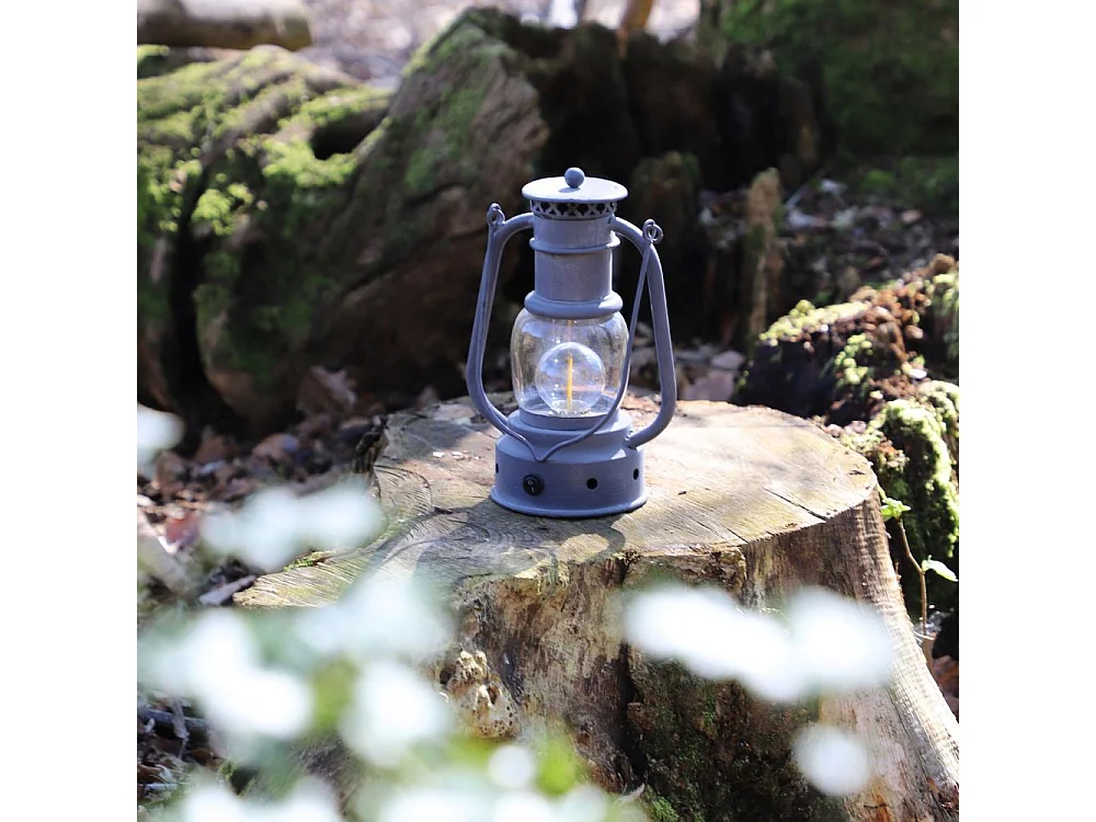 Lanterne pétrole jardin à poser à piles ancienne métal gris 22cm