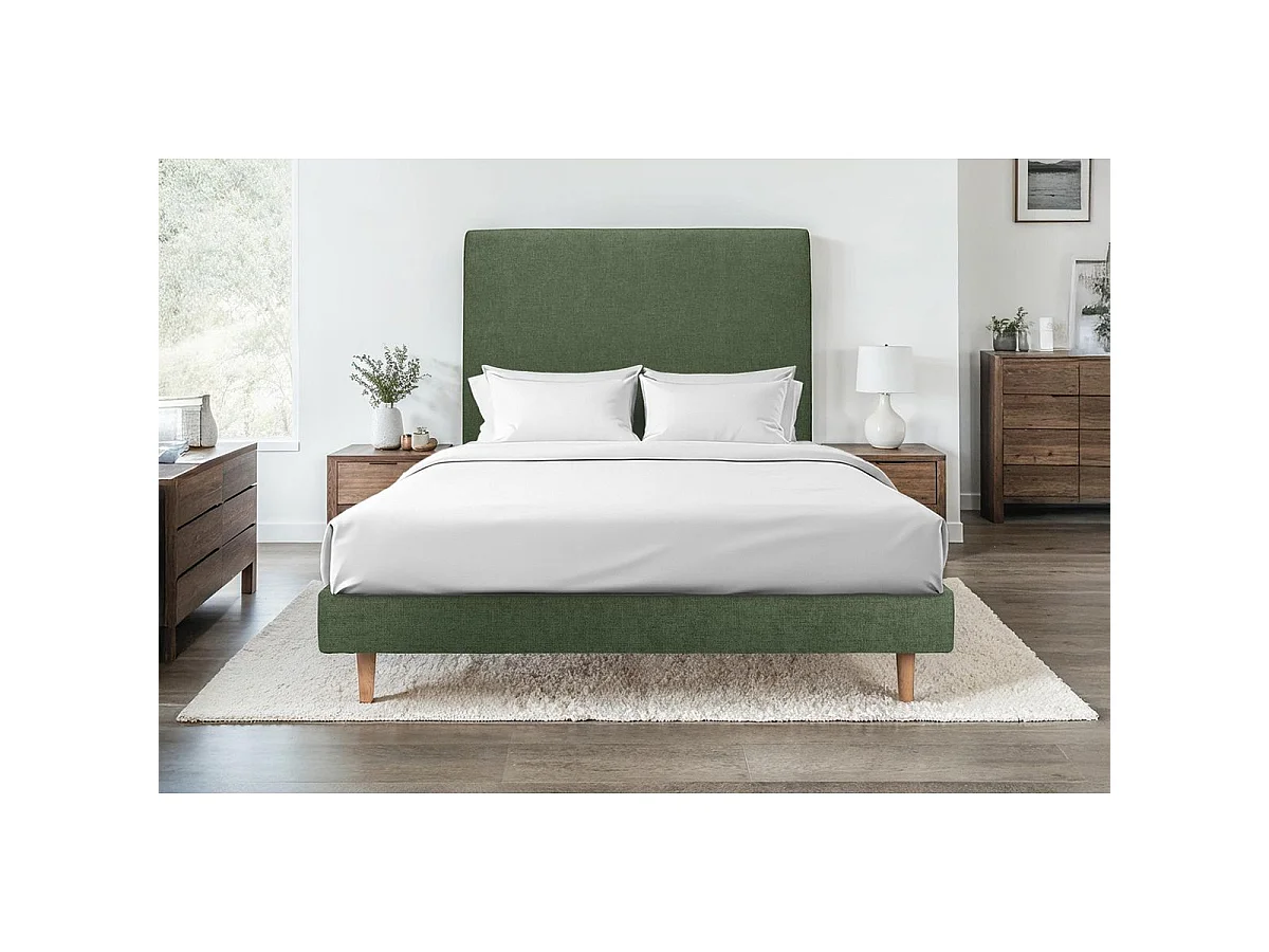 Lit 140x190cm avec tête de lit tapissier tissu et sommier kit vert - Hauteur totale : 29cm