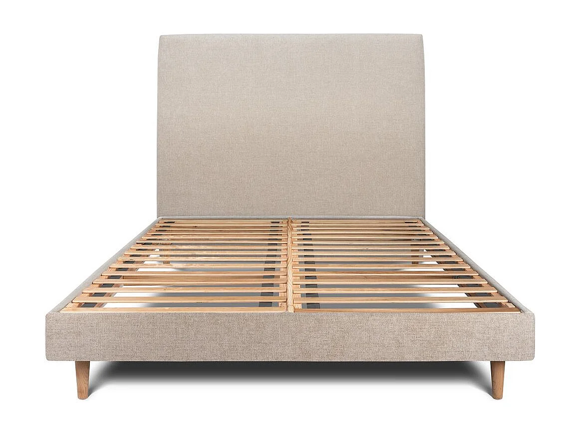 Lit 140x190cm avec tête de lit tapissier tissu et sommier kit beige brun - Hauteur totale : 29cm