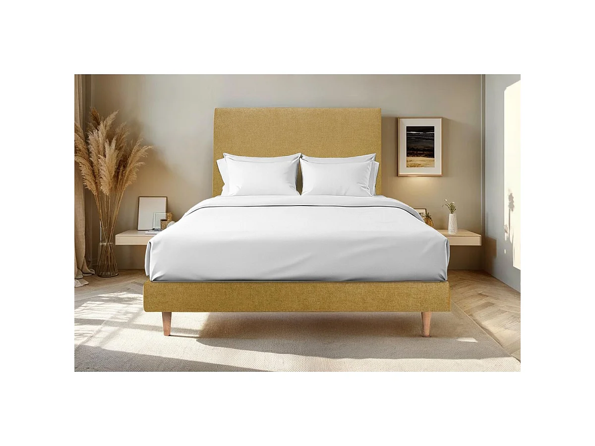 Lit 160x200cm avec tête de lit tapissier tissu et sommier kit jaune - Hauteur totale : 29cm