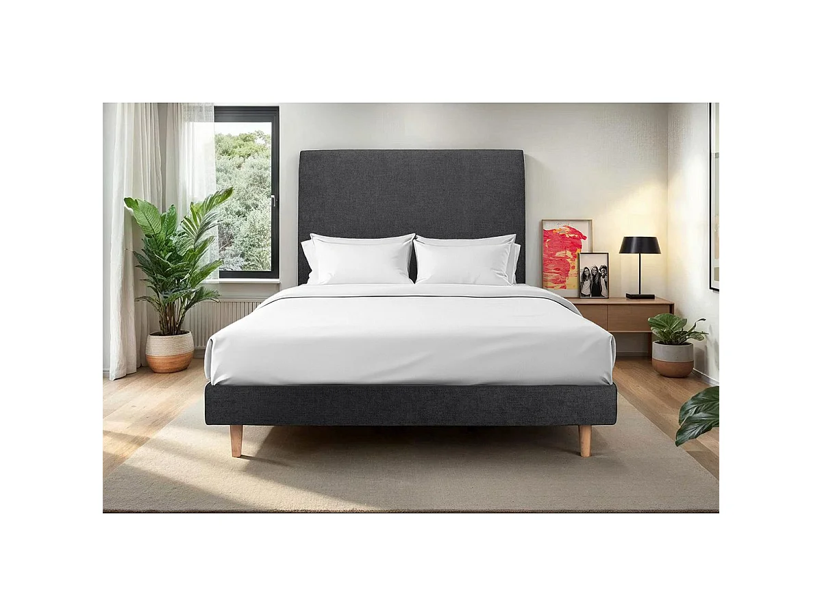 Lit 140x190cm avec tête de lit tapissier tissu et sommier kit Noir - Hauteur totale : 29cm