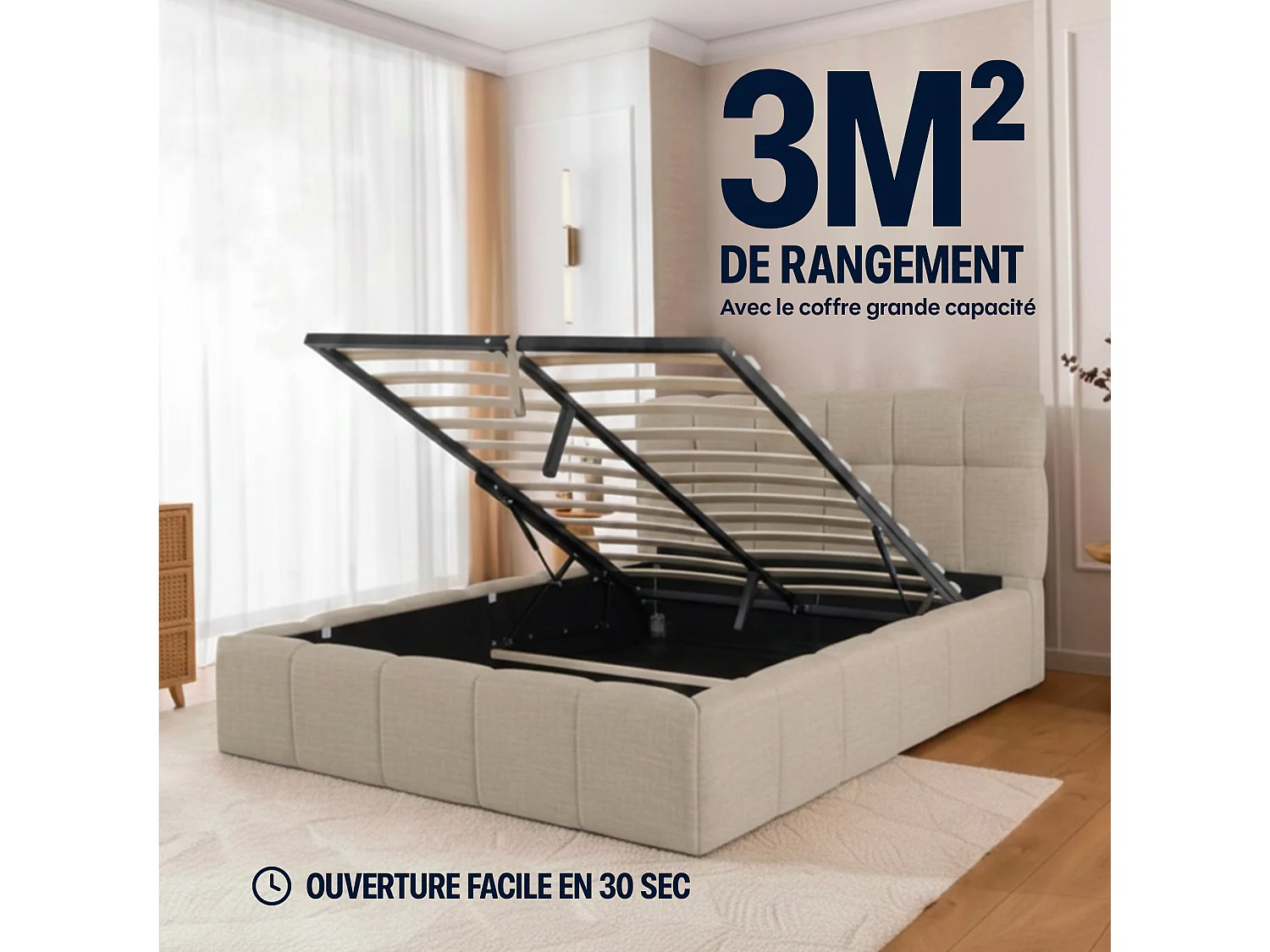 Lit coffre 180x200cm avec Tête - Beige en Tissu Chiné - Elise