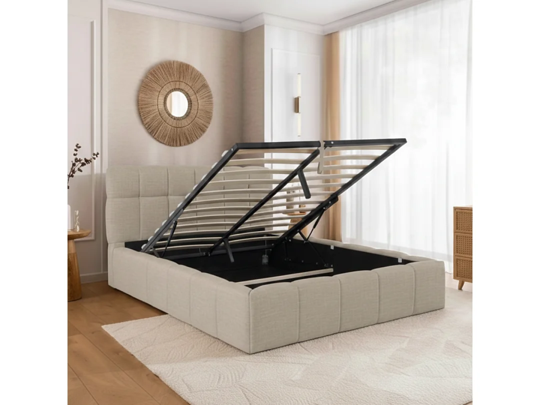 Lit coffre 180x200cm avec Tête - Beige en Tissu Chiné - Elise
