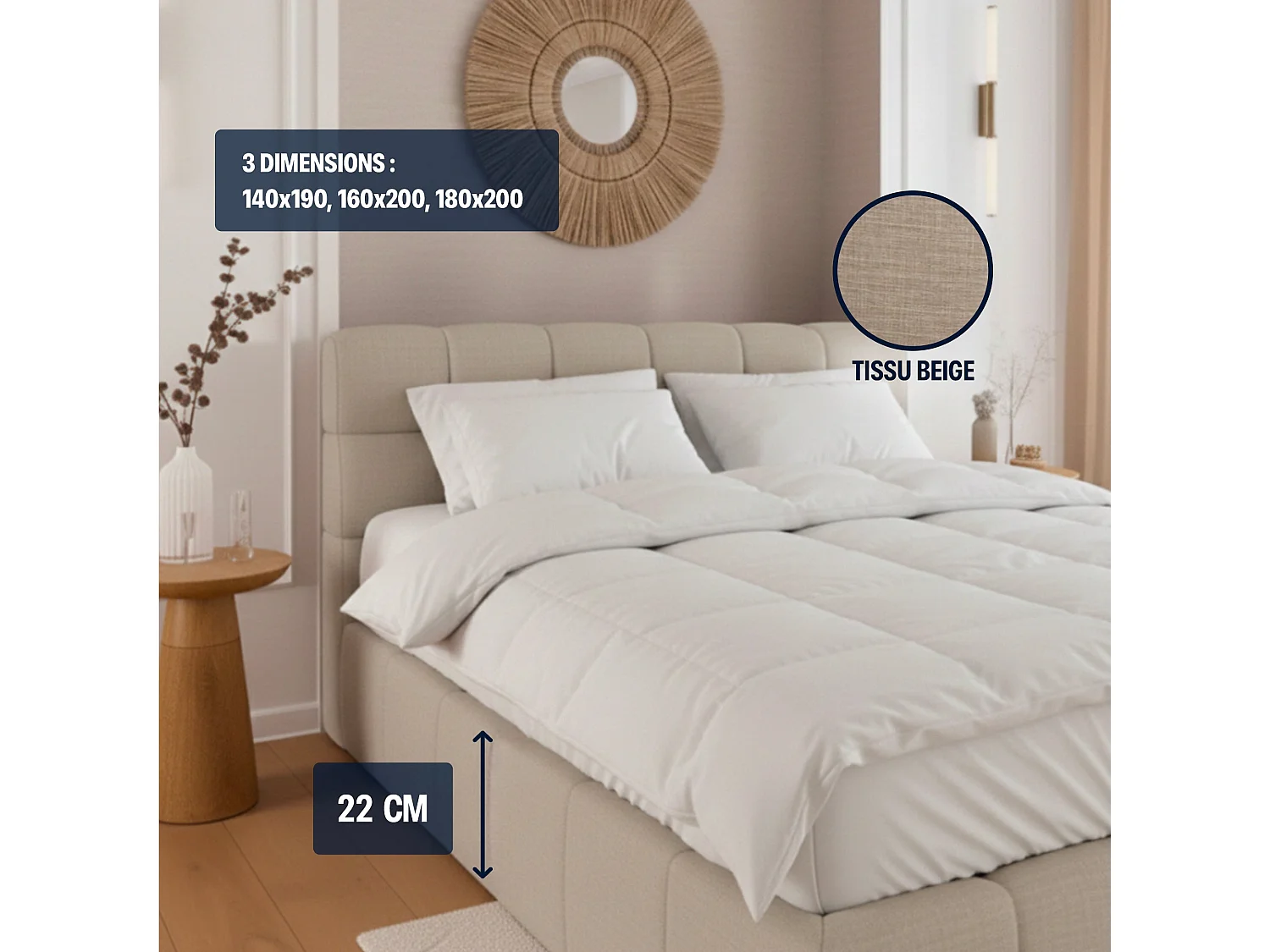 Lit coffre 140x190cm avec Tête - Beige en Tissu Chiné - Elise