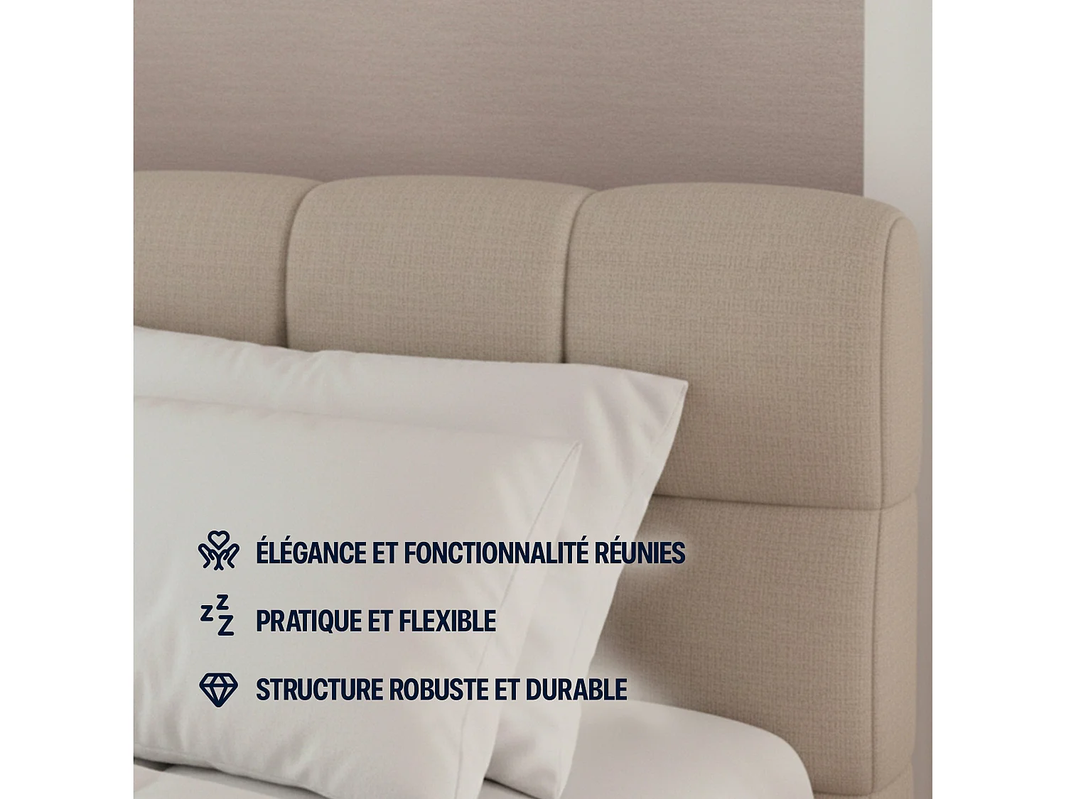 Lit coffre 140x190cm avec Tête - Beige en Tissu Chiné - Elise