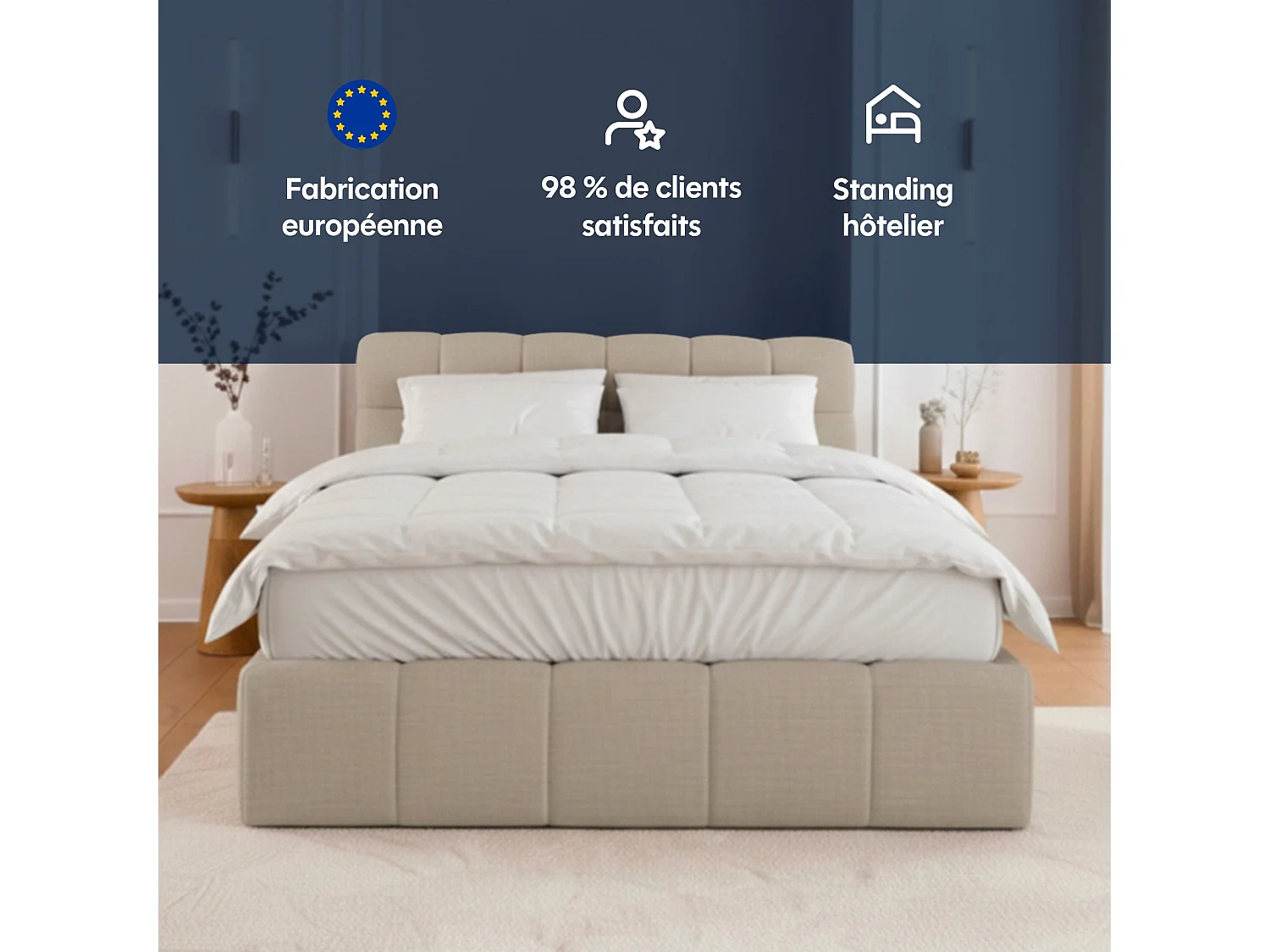 Lit coffre 140x190cm avec Tête - Beige en Tissu Chiné - Elise