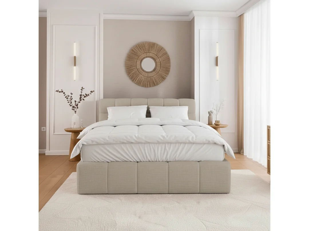 Lit coffre 140x190cm avec Tête - Beige - Tissu Chiné - Elise