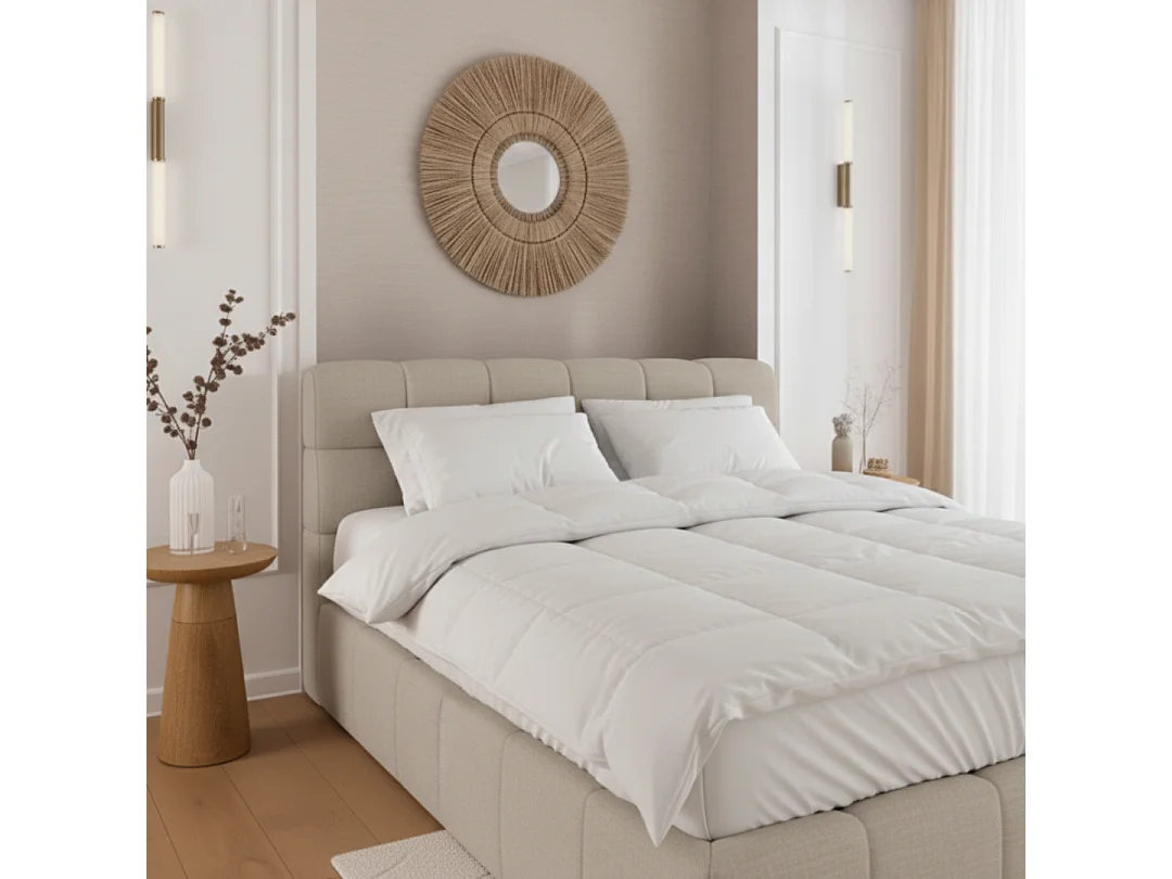 Lit coffre 140x190cm avec Tête - Beige - Tissu Chiné - Elise