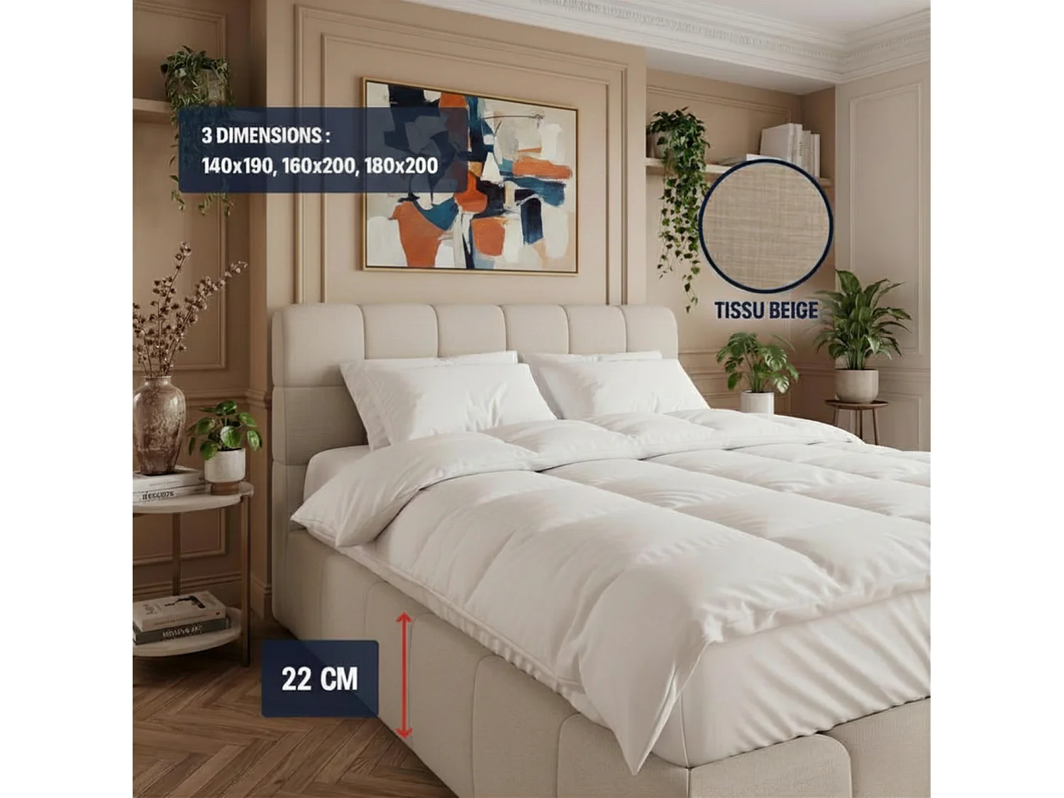 Lit coffre 140x190cm avec Tête - Beige en Tissu Chiné - Elise