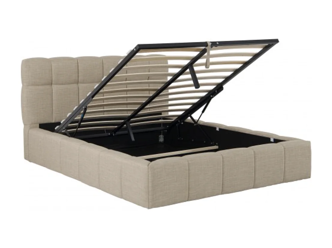 Lit coffre 160x200cm avec Tête - Beige - Tissu Chiné - Elise