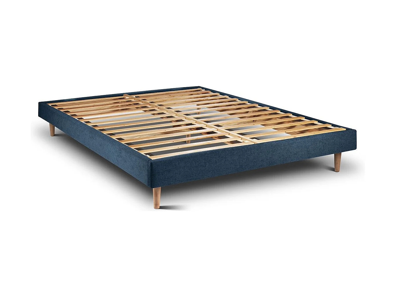 Lit 160x200cm avec tête de lit tapissier tissu et sommier kit Bleu - Hauteur totale : 29cm