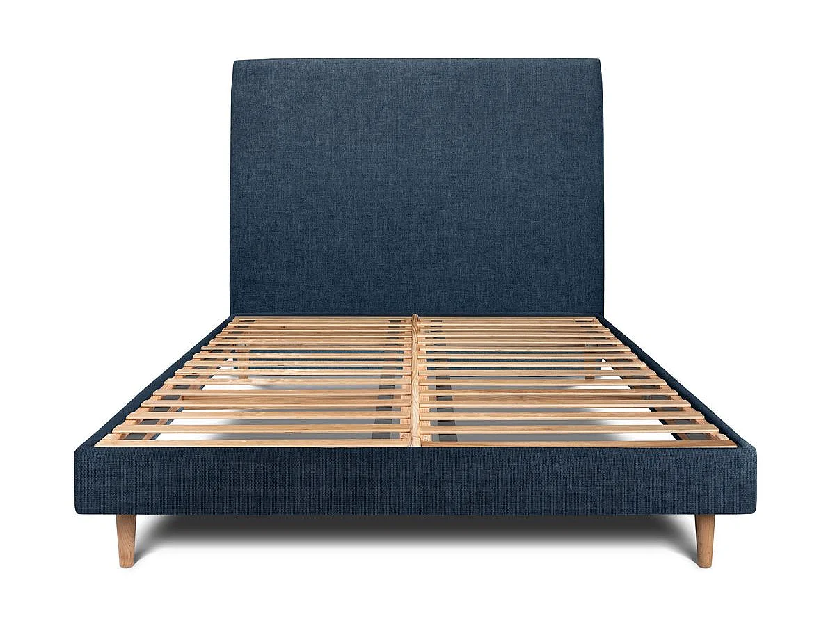 Lit 160x200cm avec tête de lit tapissier tissu et sommier kit Bleu - Hauteur totale : 29cm