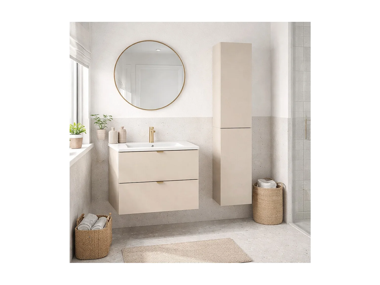 Ensemble de salle de bain BELLA : meuble sous vasque 80cm + vasque encastrée rectangulaire + colonne de rangement