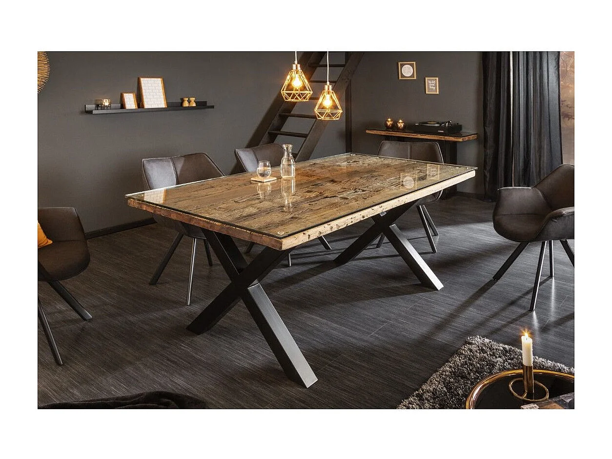 Table de salle à manger RAFTA 180 cm – Plateau en bois massif de teck et verre trempé – Pieds en X en métal noir