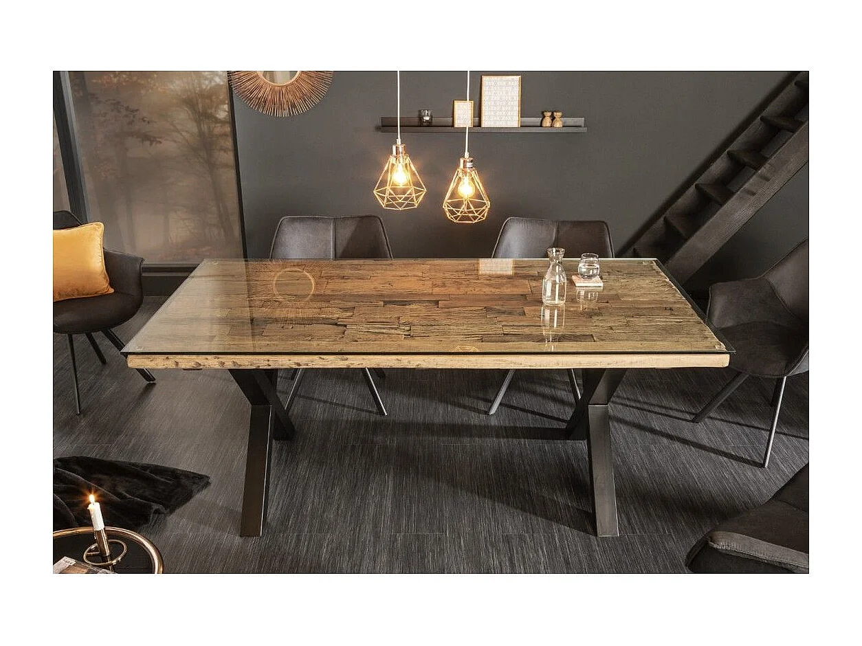 Table de salle à manger RAFTA 180 cm – Plateau en bois massif de teck et verre trempé – Pieds en X en métal noir