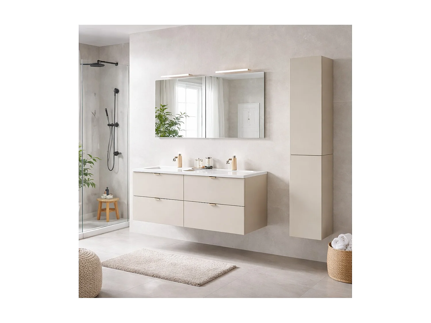 Ensemble de salle de bain BELLA : meubles sous vasque 120cm + double vasque encastrée rectangulaire + colonne de rangement